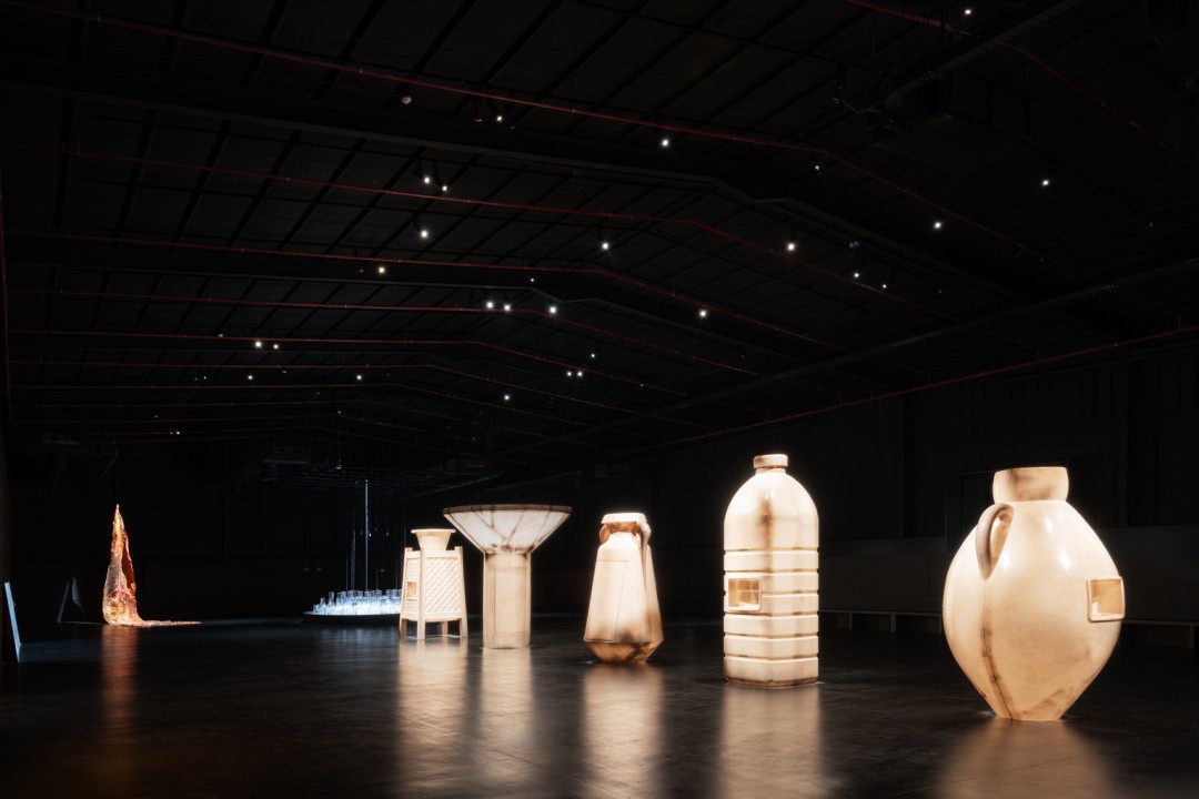 After Rain, Diriyah Contemporary Art Biennale 2024, installation view, Asma Bahmim, works  from the series Fantasia (2022); works by Sopheap Pich, El Anatsui, Sara Abdu, and  Rossella Biscotti in background